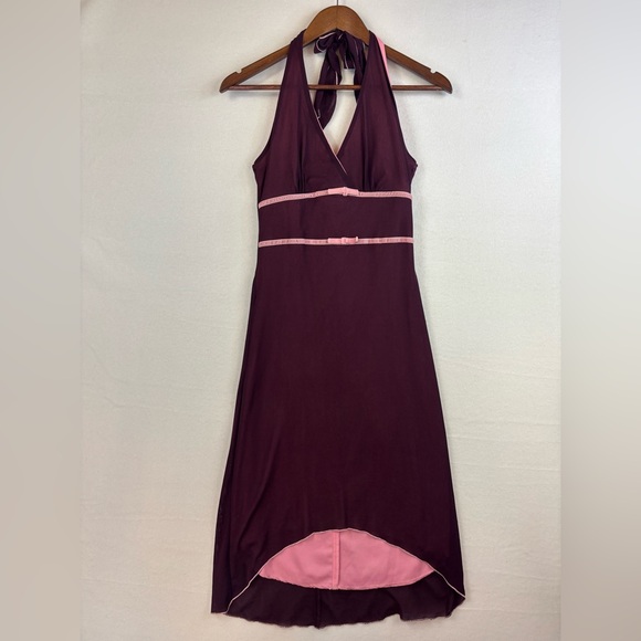 Vintage Dresses & Skirts - VINTAGE Y2K Halter Dress Baby Doll Coachella Boho Maroon Midi Velvet High‎ Low